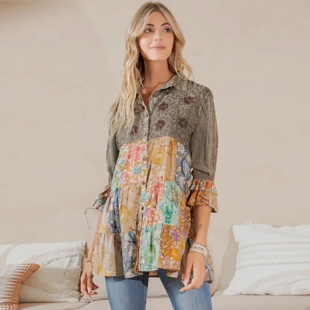 NEW!!! Boho Patchwork Button-Front Tunic Top in Olive Pink Multi, Sz XL